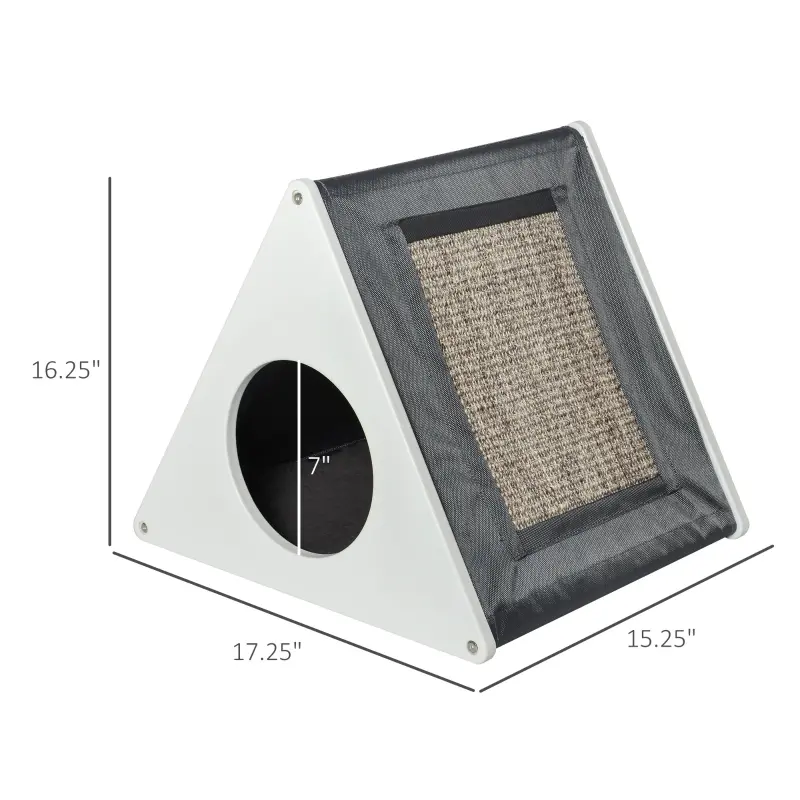 PawHut Wooden Cat House Triangle Shaped Bed Kitten Condo with Removable Cushion, Sisal Scratching Carpet, Grey and White