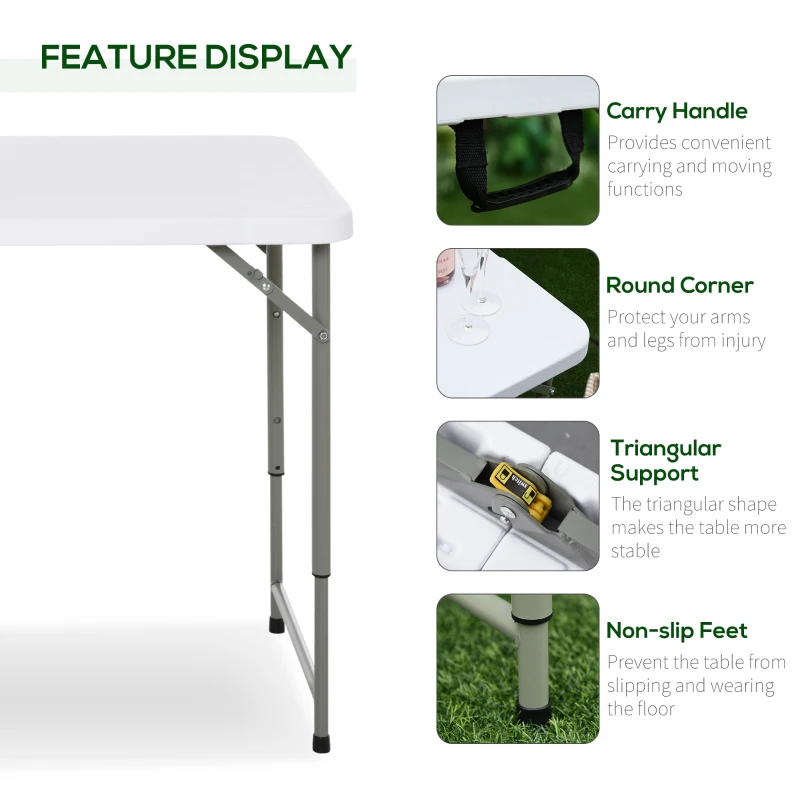 Outsunny 4ft Outdoor Folding Camping Table Garden Backyards BBQ Party Picnic Adjustable Table White