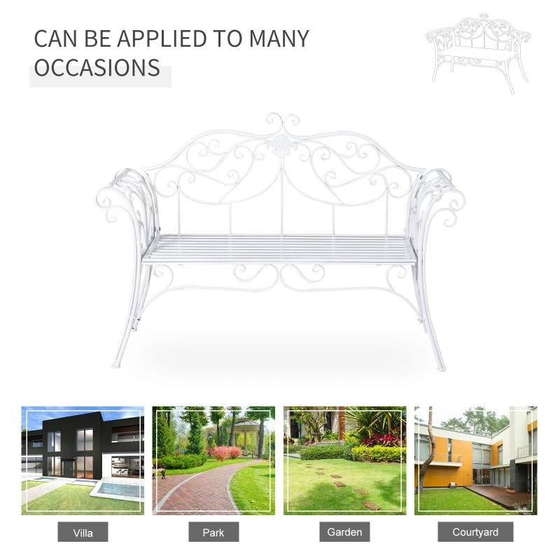 Outsunny Two-Seat Iron Garden Bench Outdoor Metal Patio Loveseat Garden Seat Chair, White