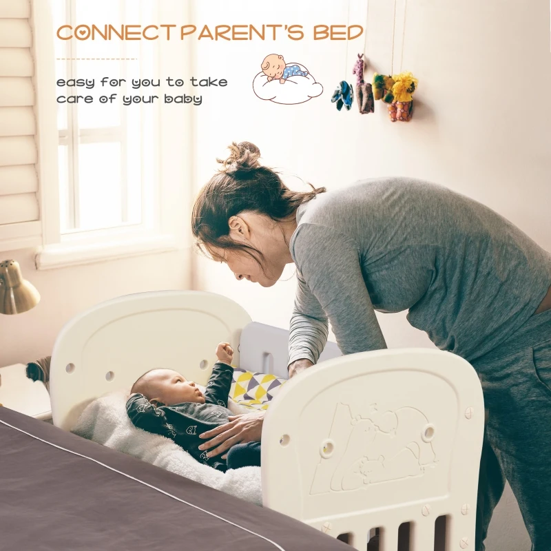 Qaba Baby Crib 3 In 1 Design Toddler Cot Cradle Beside Sleeping Cot with Storage Function Detachable Lockable Wheels for Infant Newborn Age 0 to 6 Months