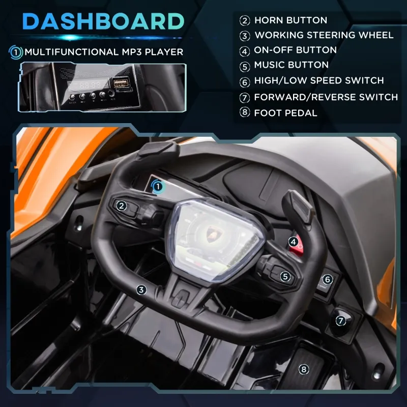 Aosom 12V Electric Ride-on Car, Licensed Lamborghini V12 Vision Gran Turismo Battery-Powered Ride-on Toy with Remote Control, Bluetooth, Music, LED Lights, for 3-6 Year Old Boys and Girls, Orange