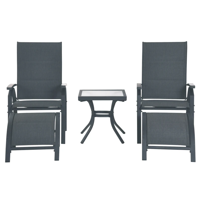 Outsunny 5pcs Outdoor Sling Bistro Set Garden Sun Lounger Chaise Lounge Reclining Chair w/Side Table & Ottoman  Balcony Furniture Grey