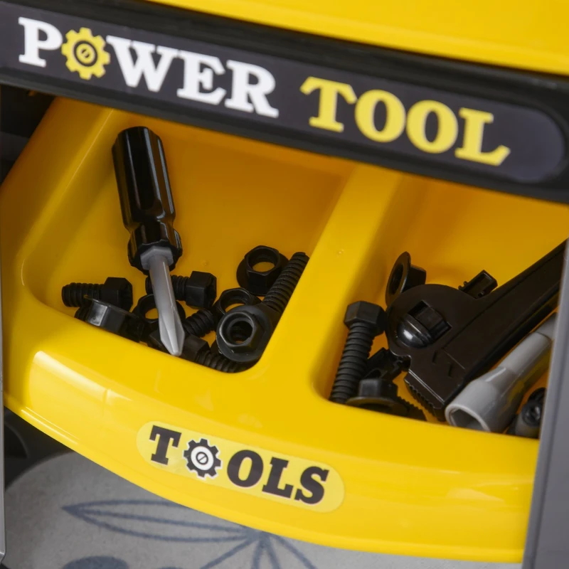Qaba Play Toy Workbench for Kids 64 Pieces Tools Plus Case Storage Shelf  Construction Tool Accessories Playset Construction Pretend Play Toy Kit Yellow Grey