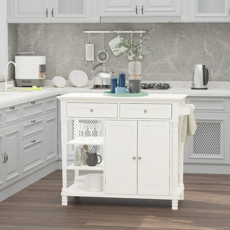 HOMCOM Vintage Kitchen Island with 3-Tier Open Shelving, Storage Cabinet with Drawers & Wood Legs, Adjustable Shelf for Living Room, Coffee Bar, White