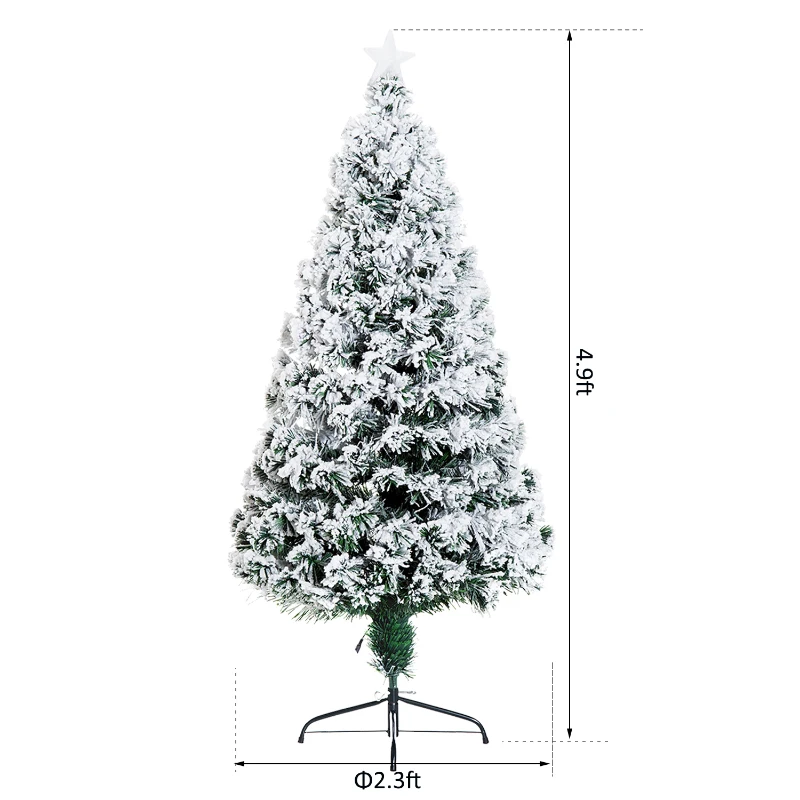 HOMCOM 5ft Xmas Tree Pre-Lit LED Optic Fiber with Top Star Christmas Tree Fireproof Snowy Artificial Tree w/ Stand Green/White