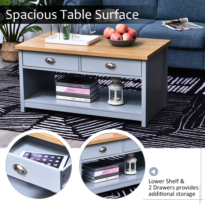 HOMCOM Coffee Table with Storage Shelf and Drawers Vintage