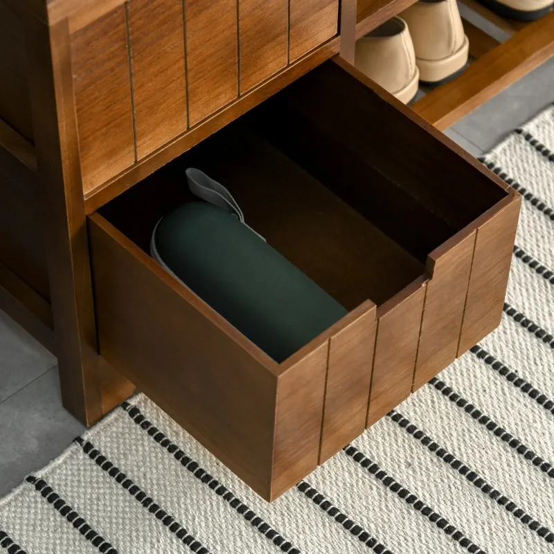 HOMCOM Compact Rustic Padded Wooden Shoe Rack Bench Organizer With Drawers - Coffee Woodgrain