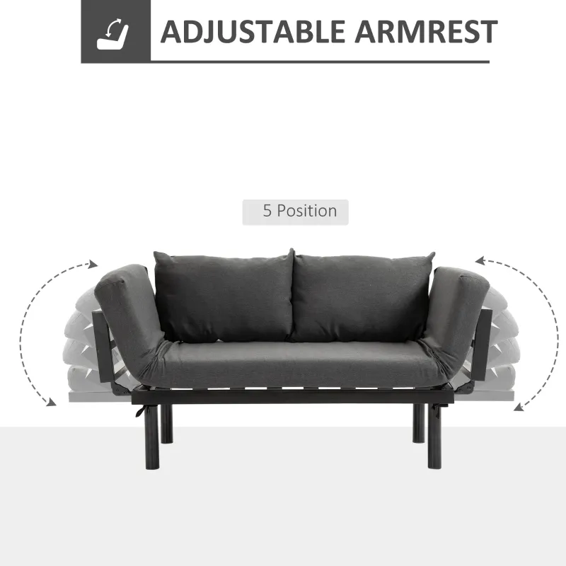 HOMCOM Single Person Chaise Lounger, Modern Sofa Bed with 5 Adjustable Positions, 2 Large Pillows, and Birch Legs, Charcoal Grey