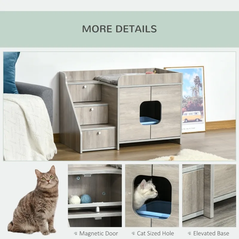 PawHut Hidden Litter Box Furniture Cat Washroom Decorative Kitten House Nightstand End Table Indoor with Multipurpose Ladder Cushion Oak