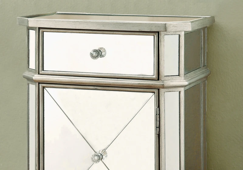 Monarch 29" Contemporary Mirrored Accent Side End Table Chest with Storage Drawer - Brushed Silver Trim