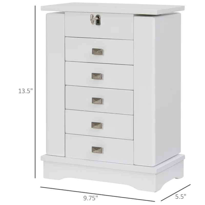 HOMCOM Tabletop Jewelry Box Beauty Organizer with Mirror, 6 Slot Shelves for Necklaces and Earrings, Lockable - White