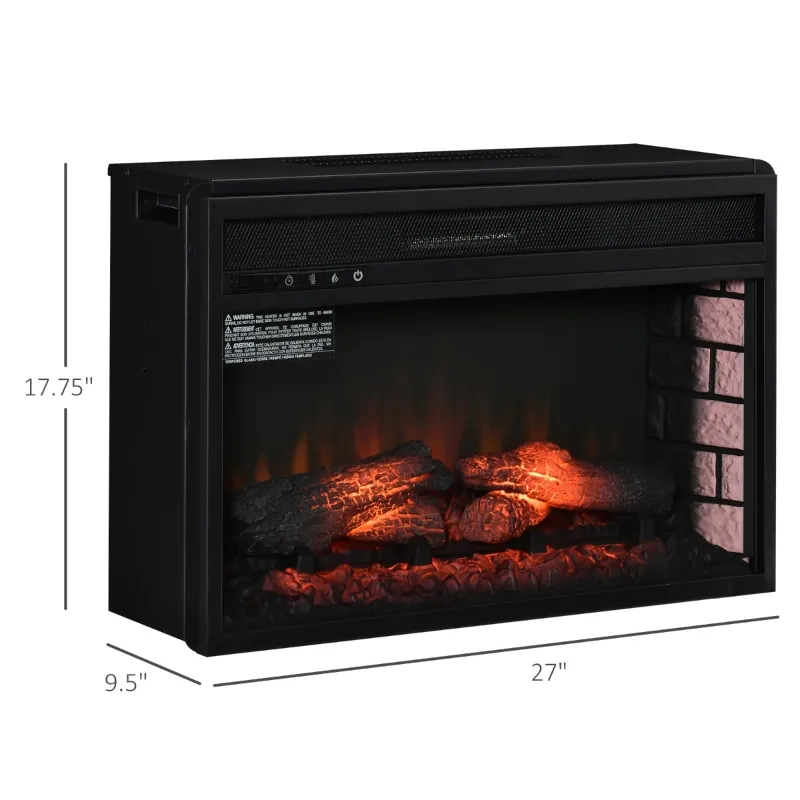 HOMCOM 27" Electric Fireplace Insert, Retro Recessed Fireplace Heater with Realistic Log Flame, Remote Control, and Adjustable Brightness, 1400W, Black