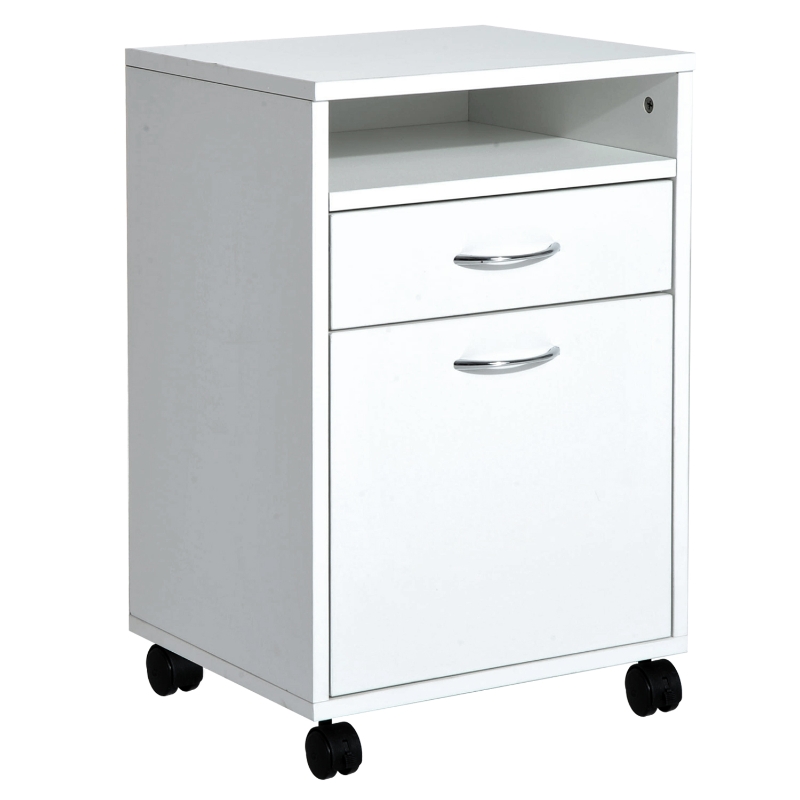 HOMCOM 24" Rolling File Cabinet with Drawer Wheeled Documents Storage Printer Stand with Shelf Home Office White