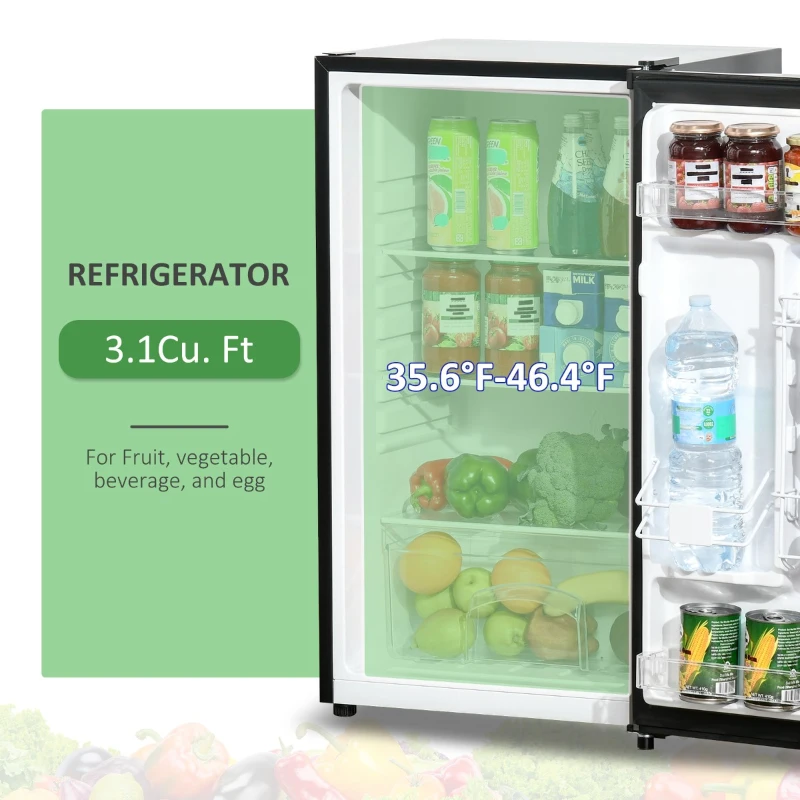 HOMCOM Mini Fridge with Freezer, Compact Mini Refrigerator with 3.1Cu Ft Capacity, Adjustable Shelves and Temperature and Reversible Door for Bedroom, Black/Silver