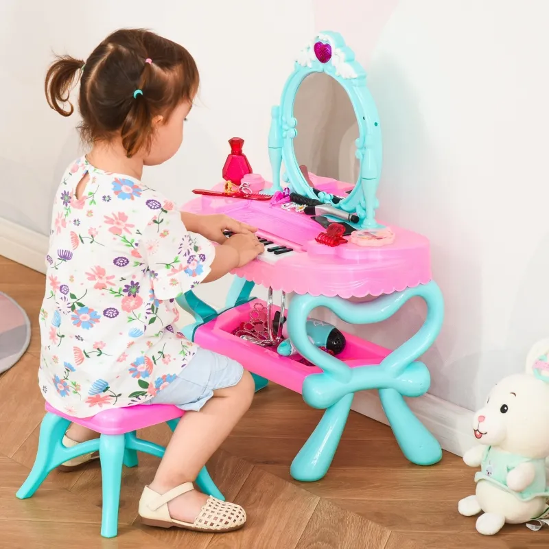 Qaba 2 In 1 Musical Piano Kids Dressing Table Set, 32 PCS Vanity Make Up Desk, Magic Glamour Princess Mirror, w/ Beauty Kit, Mirror, Stool, Light, Hair Dryer, for 3-6 Years Old, Pink, Blue