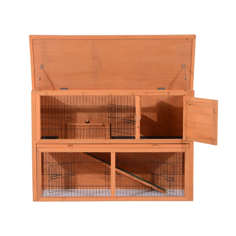 PawHut 48" L Wooden Rabbit Hutch Pet Playpen 4 Door House Enclosure with Ramp, for Rabbits and Small Animals, Natural Wood