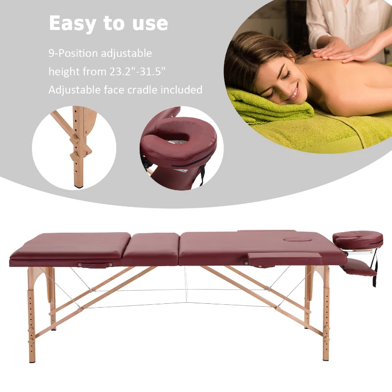 HOMCOM 3 Fold Massage Table w/ Carry Case Foldable Facial Spa Couch Dark Red