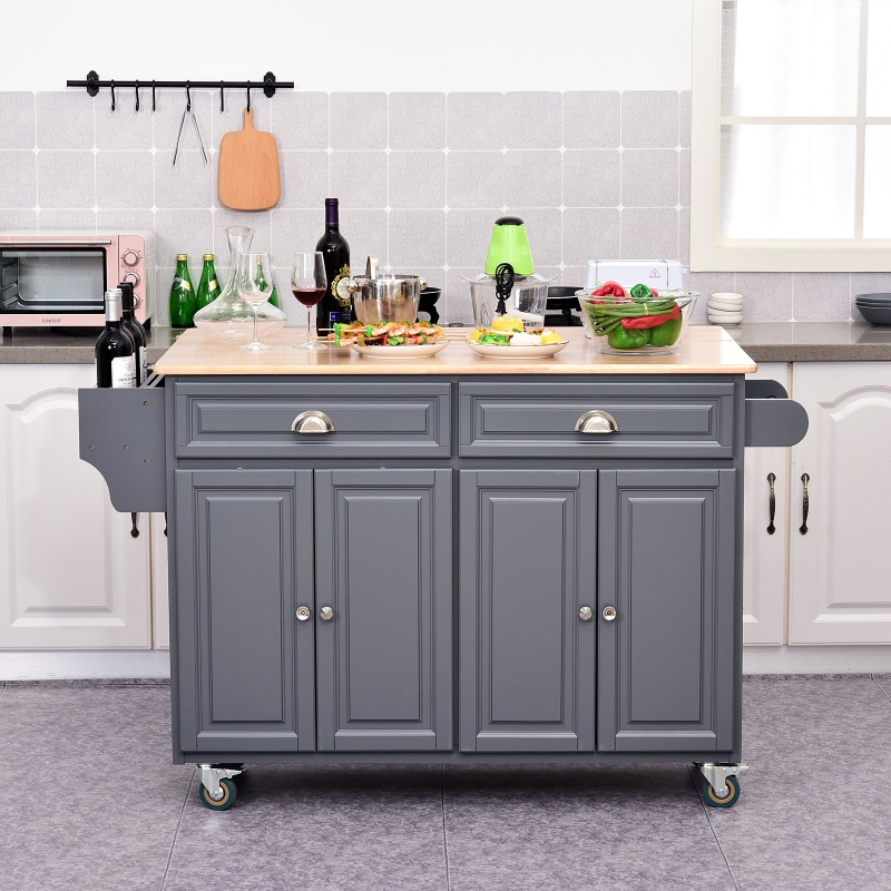 HOMCOM Rolling Kitchen Island on Wheels Ultility Cart with Drop-Leaf and Rubber Wood Countertop, Storage Drawer, Door Cabinet, Grey