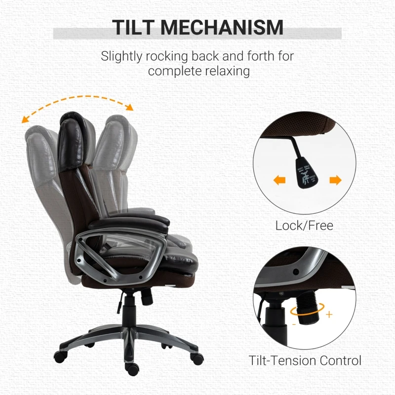 Vinsetto High Back Executive Chair Computer Ergonomic Task Seat PU Leather Swivel Chair for Office with Padded Armrests, Adjustable Height, Brown
