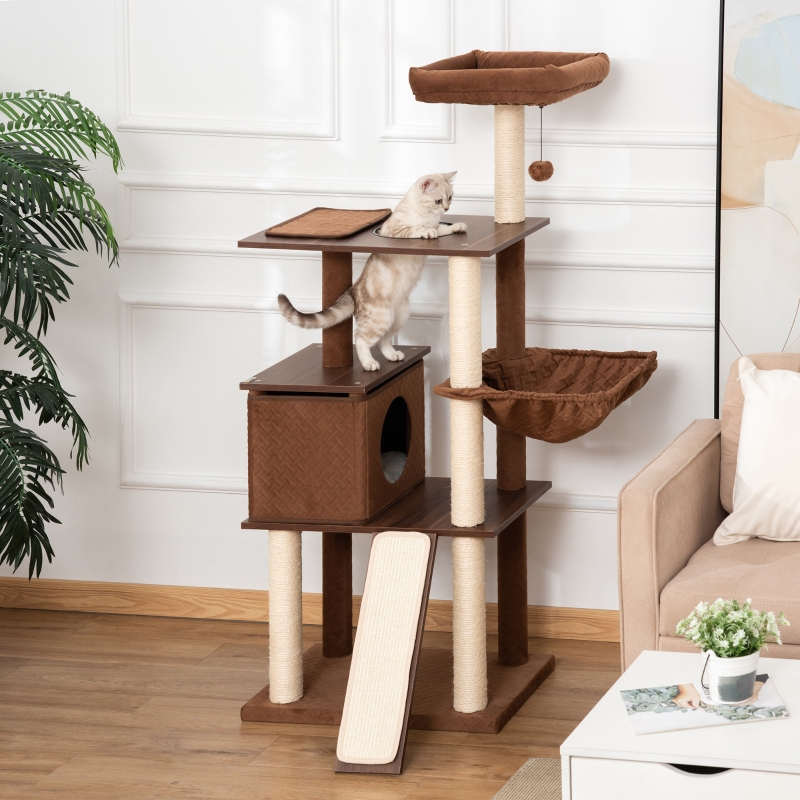 PawHut 58" Huge Cat Tree Kitty Activity Center Cat Climbing Toy Rest Pet Furniture with Sisal Scratching Post Pad Condo Bed Perch Ladder Hanging Ball Brown