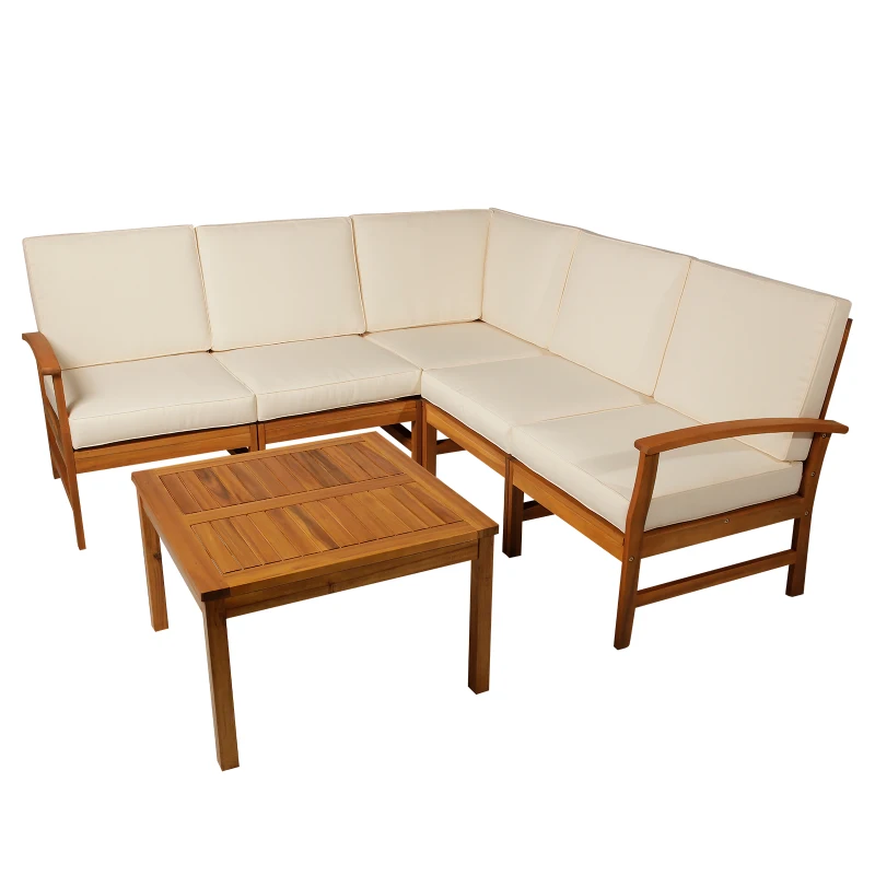 Outsunny 6 Piece L Shape Garden Sofa Set Solid Acacia Wood Garden Furniture Set with a Coffee Table for Yard and Bistro, Cream