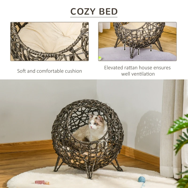 PawHut 20.5" Rattan Cat Bed, Kitten House, Elevated Round Condo for Comfort and Circulation with Cushion, Round Design