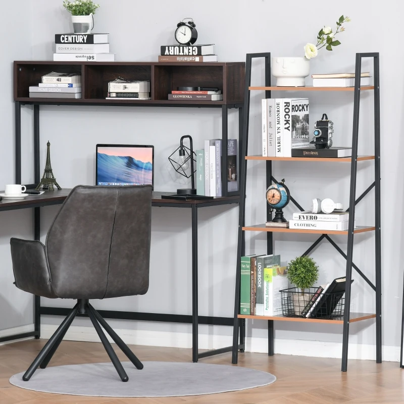 HOMCOM Wooden Metal 4 Tier Vintage Rustic Industrial Ladder Style Bookcase Shelf, Black/Vintage wood