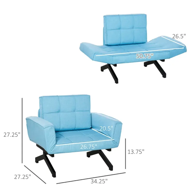 HOMCOM Convertible Accent Chair Single Sofa with Upholstered Fabric Cushion and Steel Legs for Compact Living Room, Blue