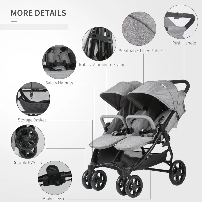 Qaba Side by Side Baby Double Stroller for Toddlers Twin Pushchair with Adjustable Backrest Foot Holder Canopy Safety Harness and Storage Basket Shock Suspension Grey