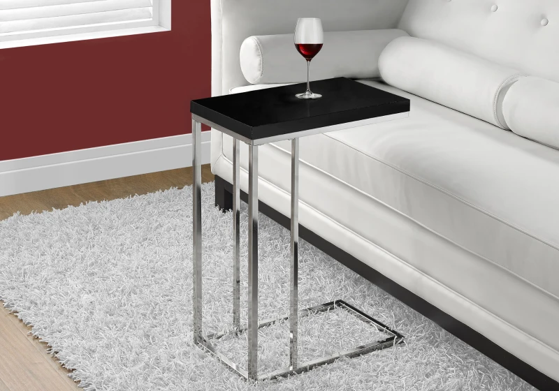 Monarch 25" Contemporary Chrome Metal Base C-Shaped Side Accent Table - Glossy Black Finish
