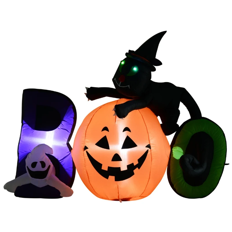 HOMCOM 5.5' Lighted Inflatable Outdoor Halloween Yard Decoration - Boo Black Cat Ghost Pumpkin