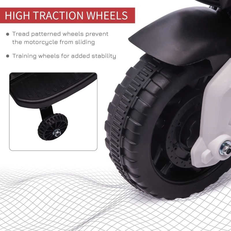 Aosom 6V Kids Motorcycle Dirt Bike Electric Battery-Powered Ride-On Toy Off-road Street Bike for Children with Rechargeable Battery, Pedal, Horn, Headlights, and Training Wheels for Balance White