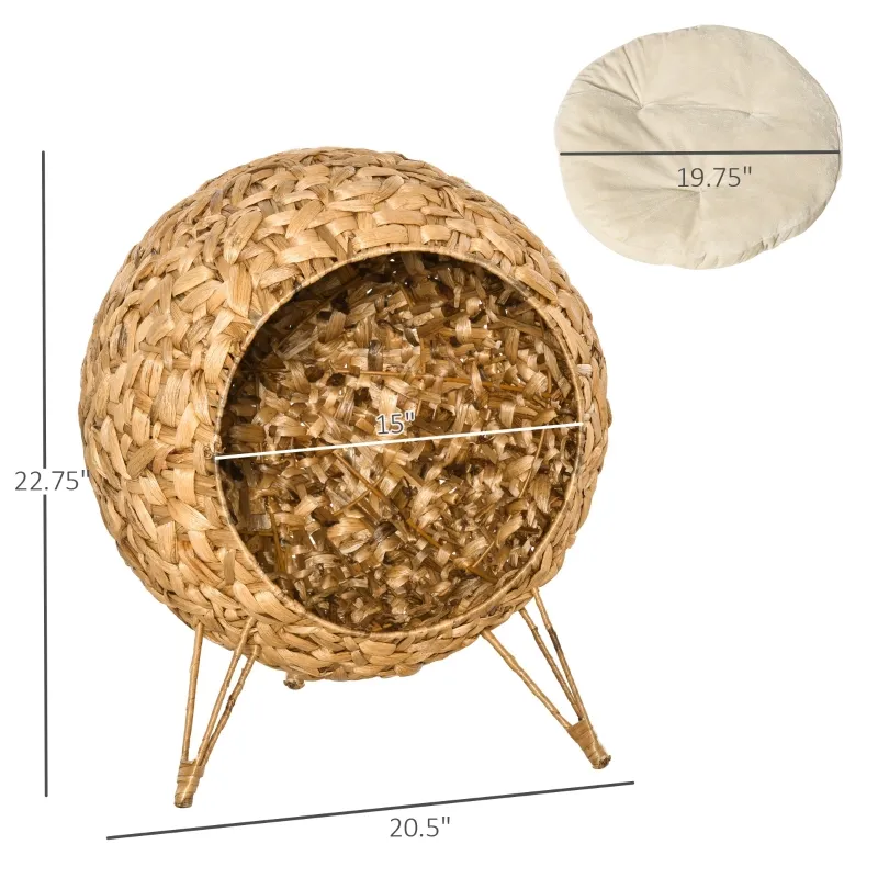 PawHut Elevated Cat House, 20.5" Natural Hyacinth Basket, Cozy and Breathable Design for Cats' Comfort and Circulation
