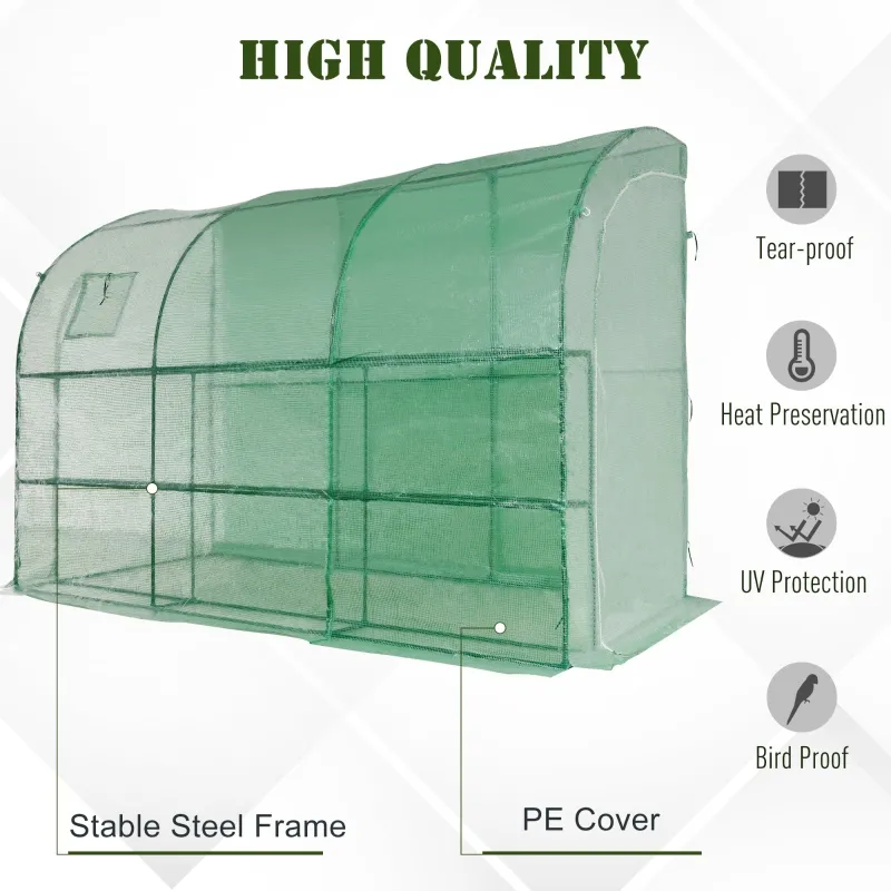 Outsunny 10' x 5' x 7' Lean to Greenhouse, Walk-In Wall Green House Plant Nursery with 2 Roll-up Doors and Window, PE Cover and 3 Wire Shelves, Green