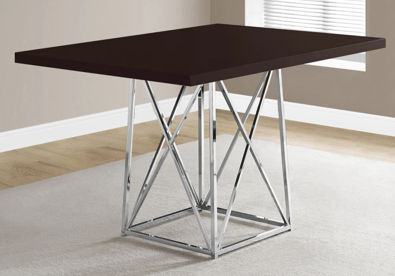 Monarch 48" x 36" Rectangular Wood Top Chrome Metal Base Modern Dining Table - Cappuccino Brown