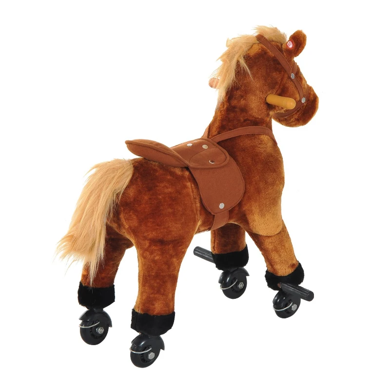 Qaba Kids Walking Pony Ride on Horse Rocking Toy Wheels & Footrest Neigh Sound, Brown