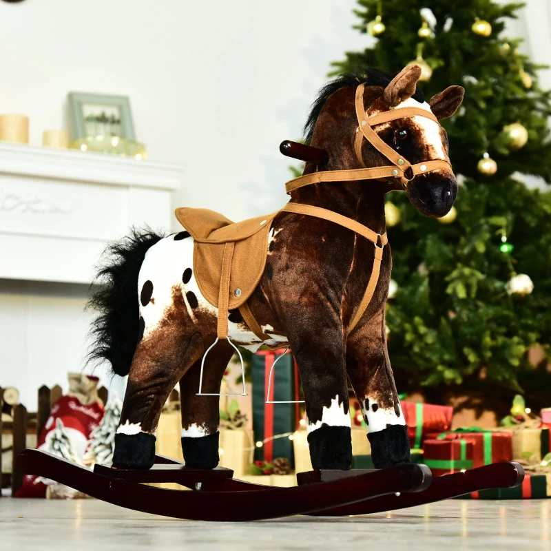 Open Box Qaba Kids Metal Plush Ride-On Rocking Horse Chair Toy with Realistic Sounds - Light Brown / White