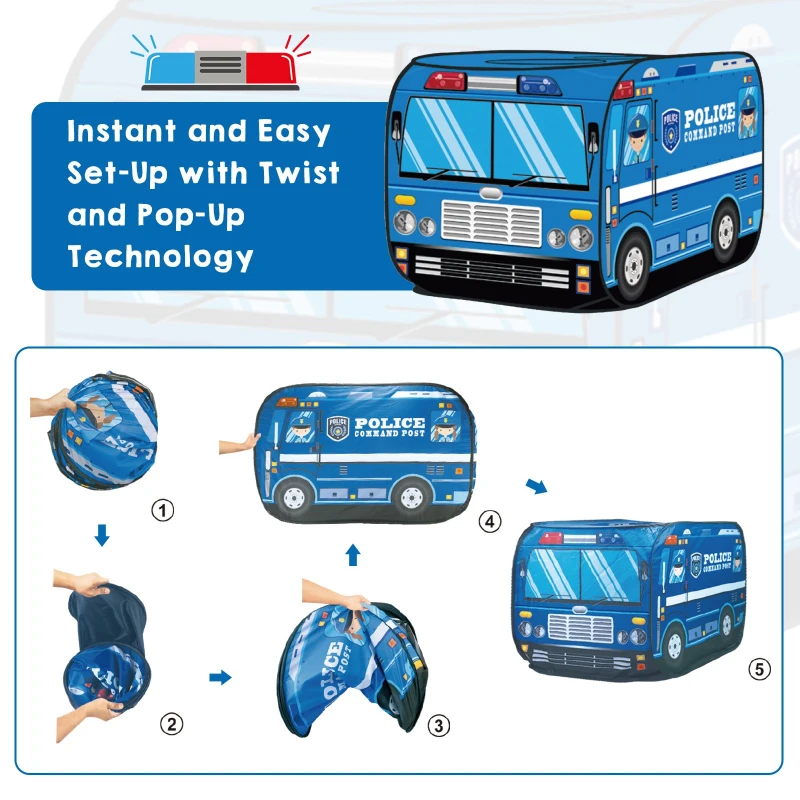 Qaba Kids Police Car Play Tent w/ top opening Pop-up Foldable Blue