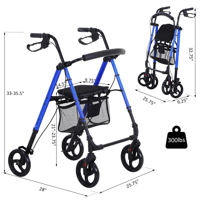 HOMCOM Foldable Medical Rollator Walker With Storage and Seat  Wheelchair