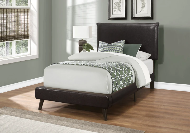 Monarch Twin Size Modern Upholstered Bed Frame with Padded Headboard and Brown Wood Legs - Brown Leather Look