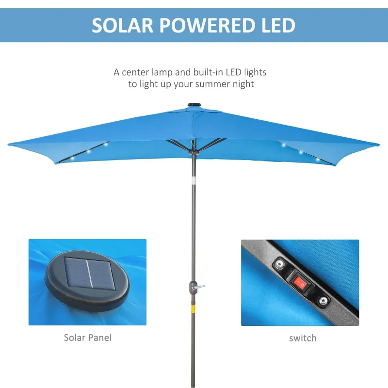 Outsunny 6.5x10ft Patio Umbrella Rectangle Solar Powered Tilt Aluminum Outdoor Market Parasol with LEDs Crank (Turquoise)