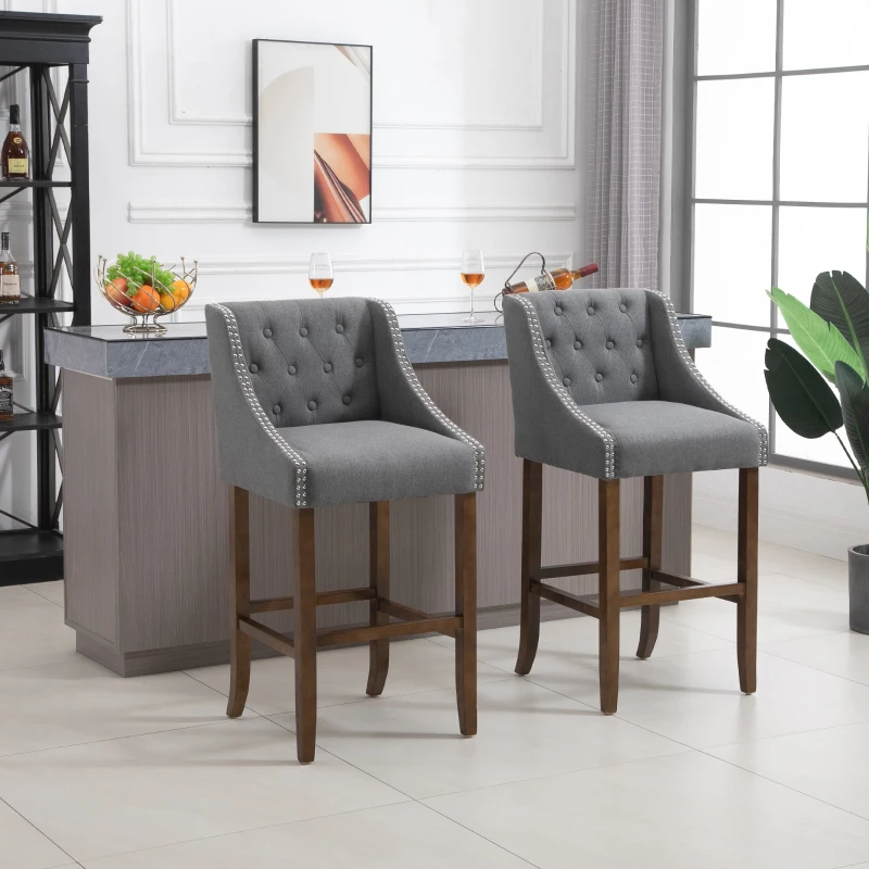 HOMCOM Modern Bar Height Bar Stools Set of 2, 30" Seat Height Bar Chair for Kitchen Living Room with Mid Back, Wood Legs, Nailhead Trim & Tufted Upholstery, Dark Grey