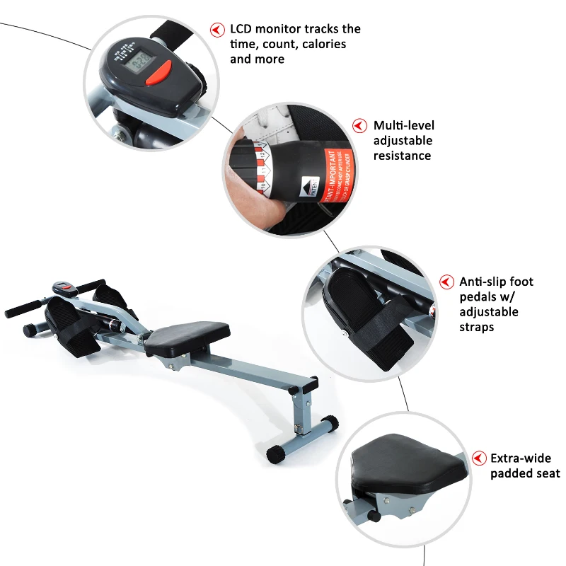 Soozier Rowing Machine 12 Level Resistance Cardio Workout Exercise Glider Rower w/ LCD Monitor Grey/Black