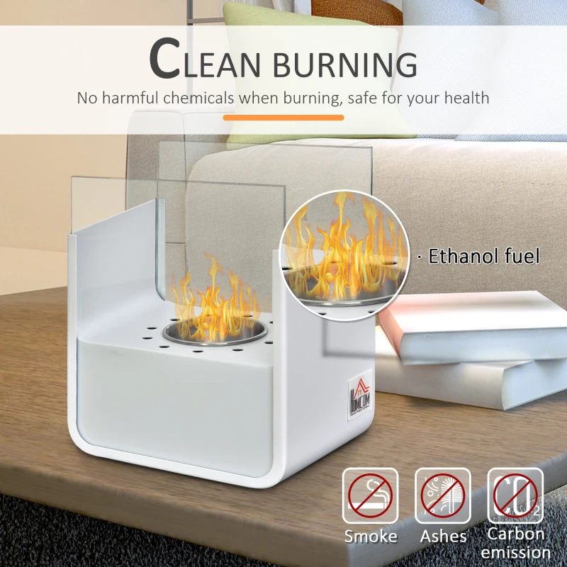 HOMCOM Ethanol Fireplace, 7.75" Tabletop 0.10 Gal, Stainless Steel, Burns up to 2 Hours, White