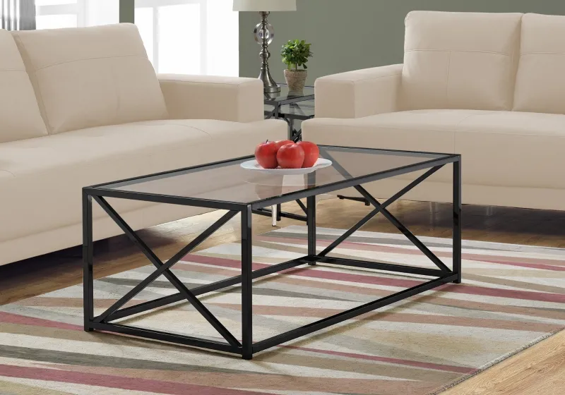 Monarch 44" Contemporary Tempered Glass Coffee Table with X-Design Metal Base - Black Nickel