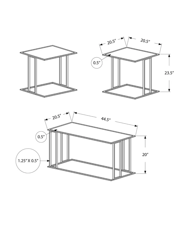 Monarch 3 Piece Modern Minimalist Smooth Laminate Coffee Table / Two Matching End Tables Set - White / Silver Metal