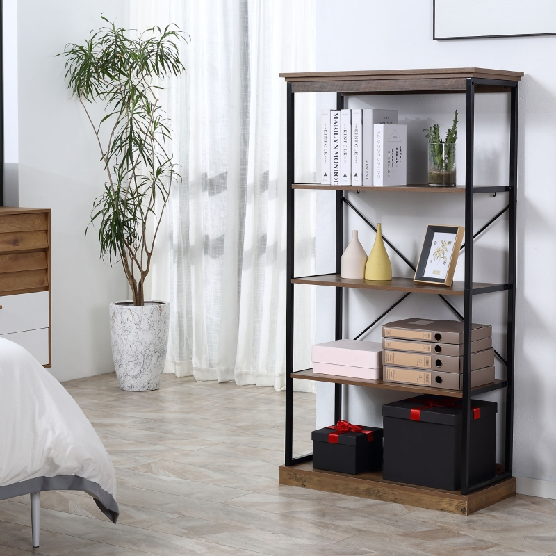 Home Office 4-Tier Bookshelf, Simple Industrial Bookcase Standing Shelf  Unit Storage Organizer with 4 Open