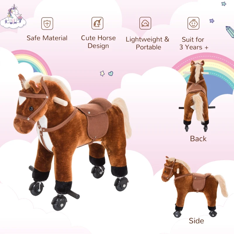 Qaba Kids Interactive Plush Mechanical Walking Ride On Horse Toy with Wheels, Brown