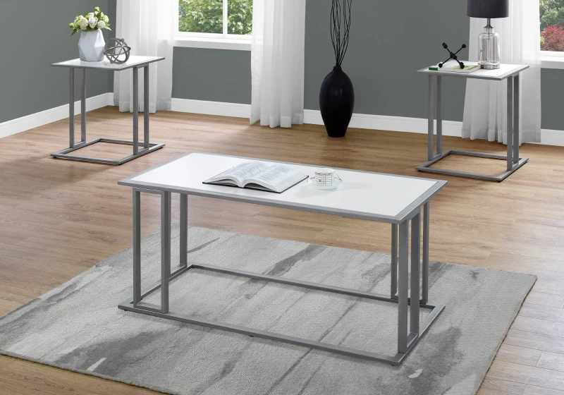 Monarch 3 Piece Modern Minimalist Smooth Laminate Coffee Table / Two Matching End Tables Set - White / Silver Metal