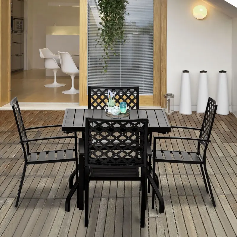 Outsunny 5-Piece Outdoor Patio Square Table Dining Set with 4 Stackable Chairs, Durable Steel Design, & Middle Umbrella Hole of 1.65'' or 1.5''
